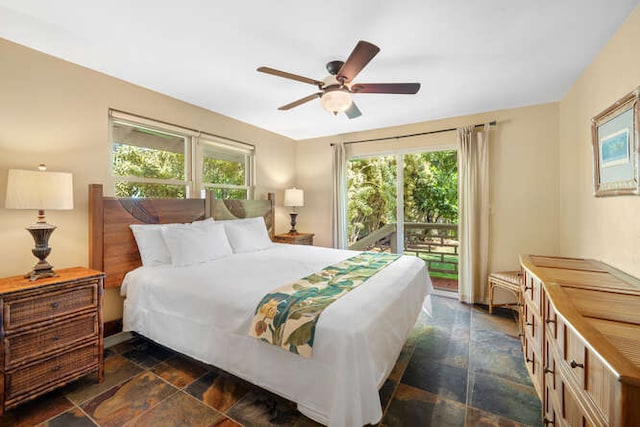 bedroom featuring access to outside and ceiling fan