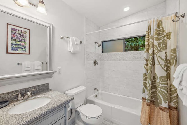 full bathroom with shower / bath combo, vanity, toilet, and lofted ceiling