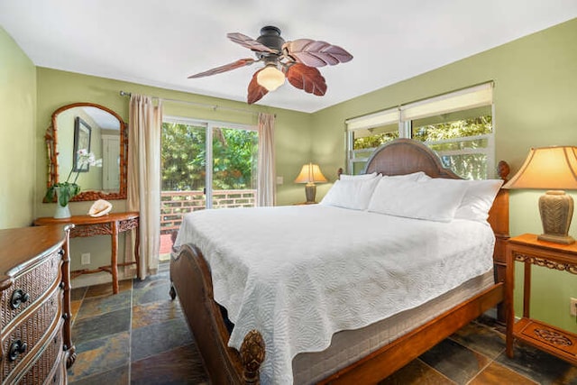 bedroom featuring access to outside and ceiling fan