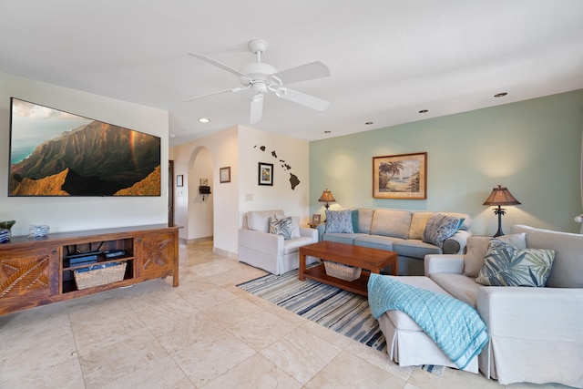 living room featuring ceiling fan