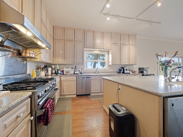 kitchen with appliances with stainless steel finishes, sink, light hardwood / wood-style flooring, and range hood