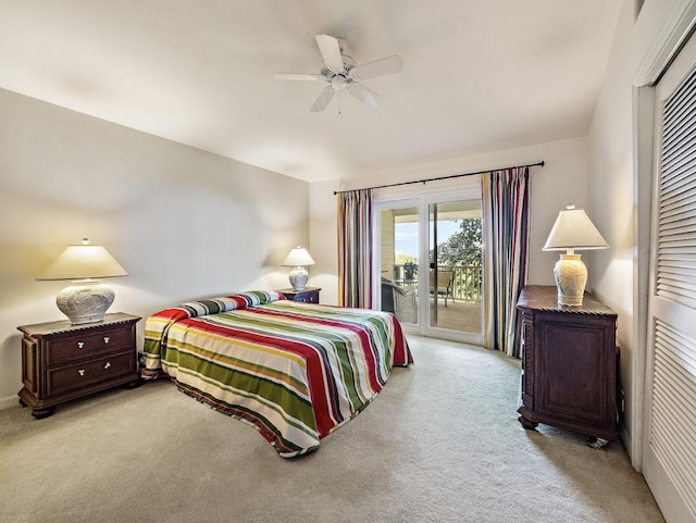 carpeted bedroom with access to exterior, a closet, and ceiling fan