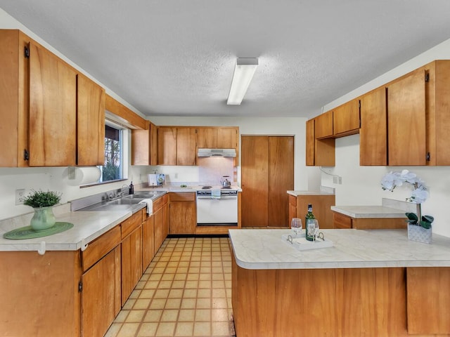 kitchen with electric stove, sink, decorative backsplash, a textured ceiling, and kitchen peninsula