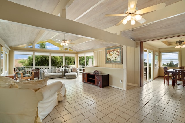 tiled living room with lofted ceiling with beams, ceiling fan, and wood ceiling