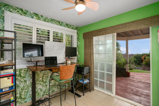 tiled home office with ceiling fan