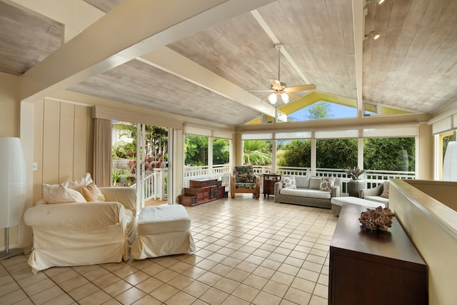 sunroom featuring vaulted ceiling with beams, ceiling fan, and wooden ceiling