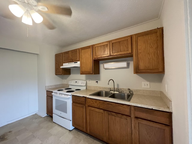 kitchen with ceiling fan, sink, a textured ceiling, and white electric stove