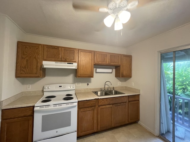 kitchen with white electric stove, ceiling fan, and sink