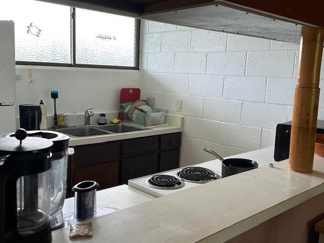 kitchen featuring dark brown cabinetry, white stove, and sink