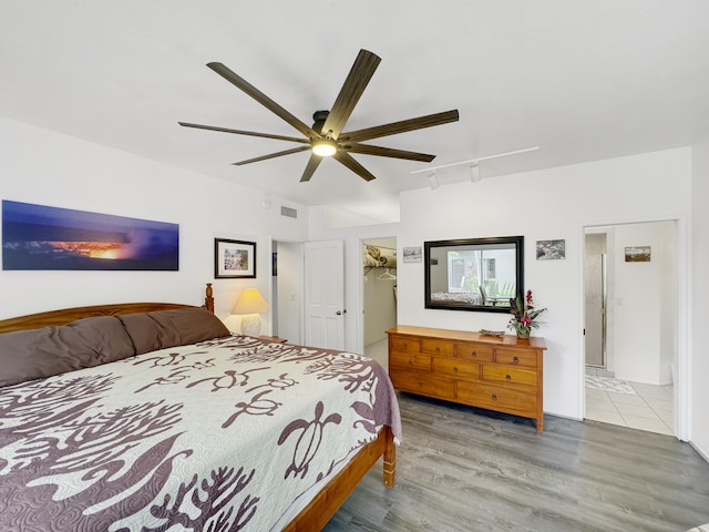 bedroom with ceiling fan, a walk in closet, track lighting, and light wood-type flooring