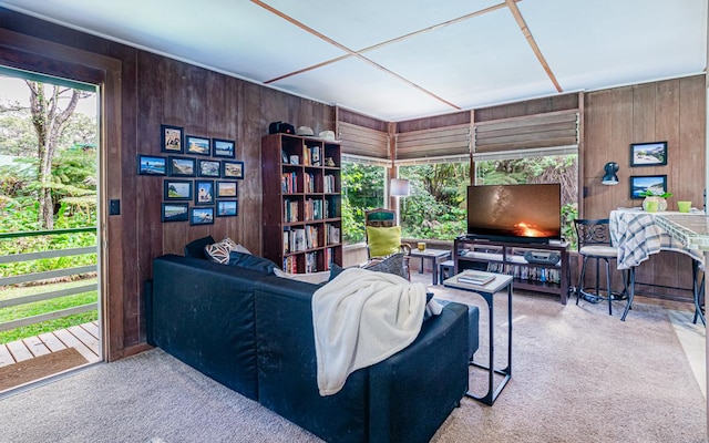 living room with carpet floors and wood walls