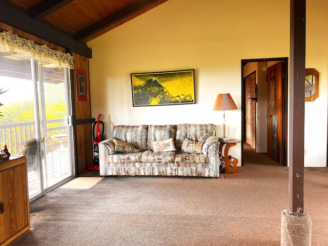 living room featuring carpet, vaulted ceiling with beams, and wood ceiling