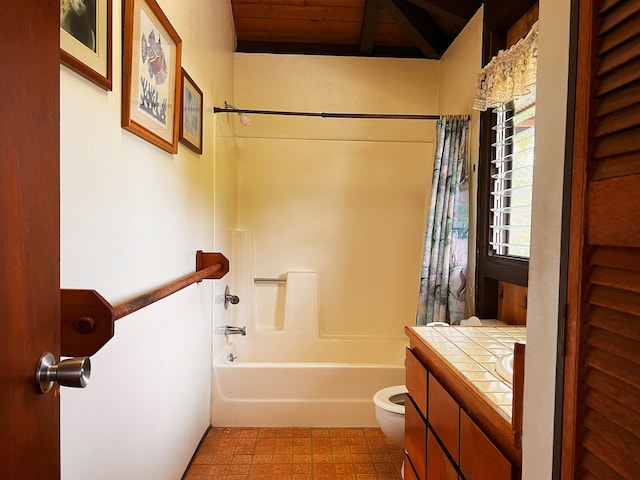 full bathroom featuring vanity, toilet, wood ceiling, and shower / tub combo