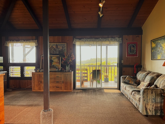 living room featuring vaulted ceiling with beams, plenty of natural light, carpet floors, and rail lighting