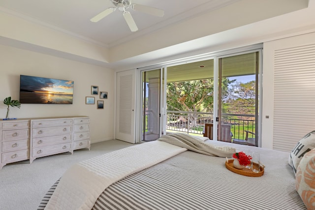 bedroom featuring access to outside, ceiling fan, crown molding, and light colored carpet