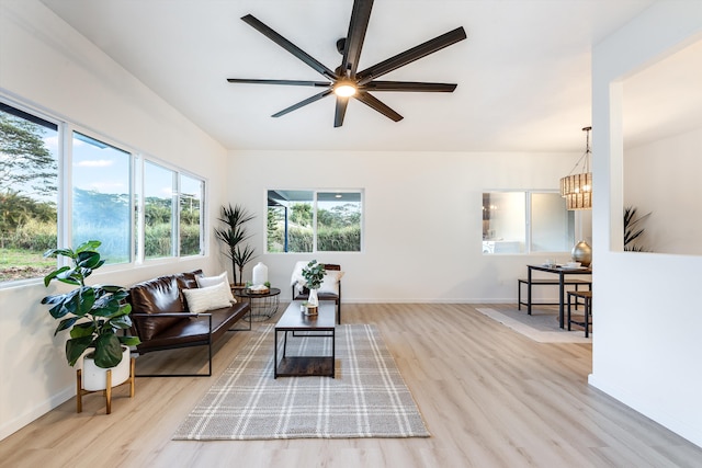 living room featuring ceiling fan with notable chandelier and light wood-type flooring