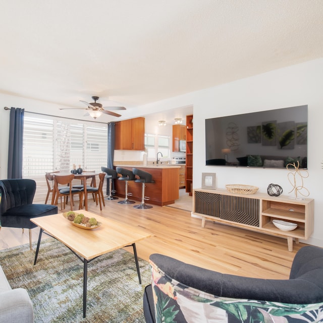 living room featuring light hardwood / wood-style flooring, ceiling fan, and sink