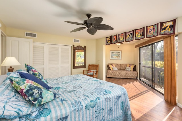 bedroom with access to outside, ceiling fan, a closet, and light hardwood / wood-style floors