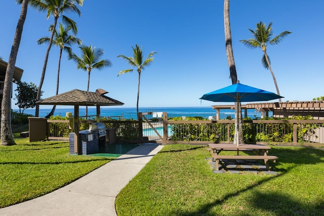 view of community with a yard, an outdoor kitchen, and a water view