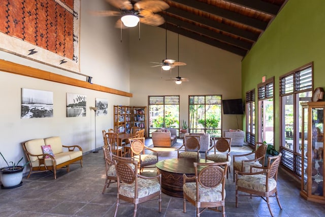 dining space featuring beam ceiling, wooden ceiling, and high vaulted ceiling