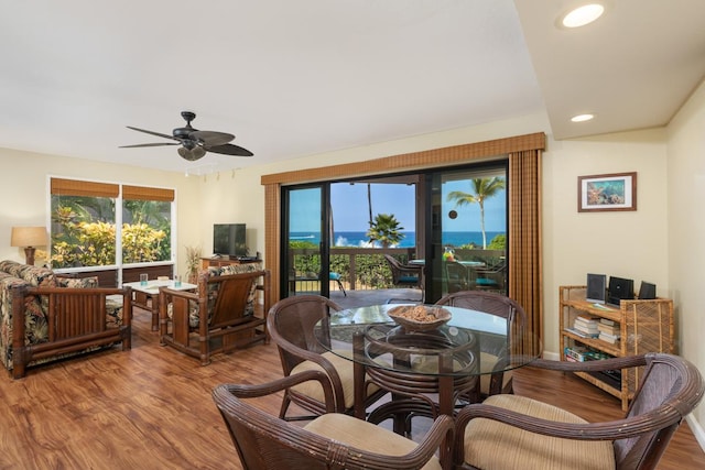 dining space featuring ceiling fan and wood-type flooring