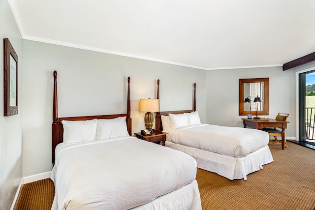 bedroom featuring carpet, access to exterior, and ornamental molding