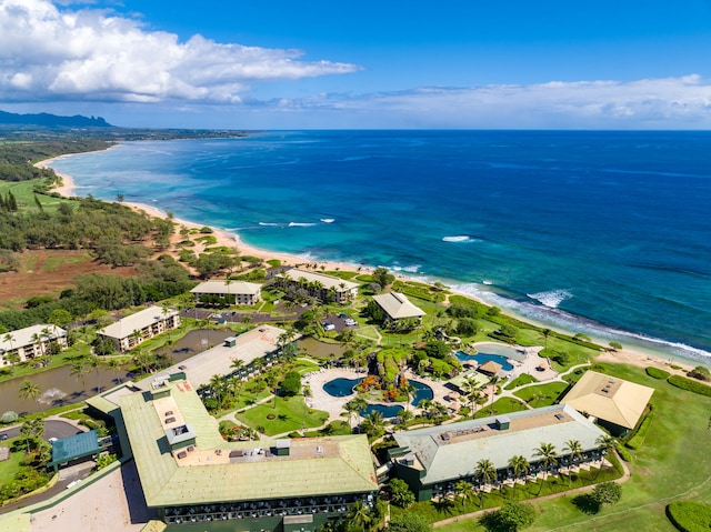 bird's eye view featuring a beach view and a water view