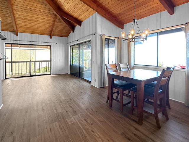 unfurnished dining area featuring wood walls, an inviting chandelier, lofted ceiling with beams, dark hardwood / wood-style flooring, and wood ceiling