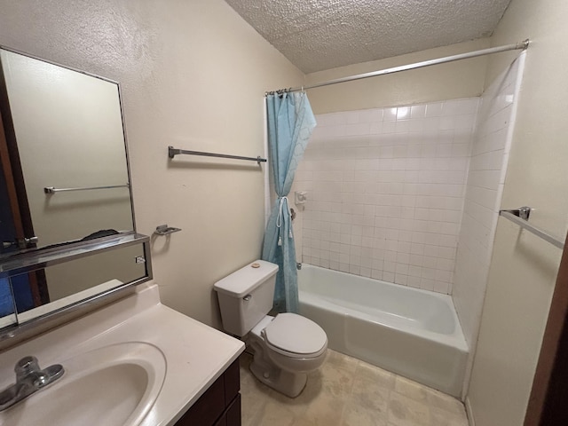 bathroom with toilet, shower / tub combo with curtain, a textured ceiling, and vanity