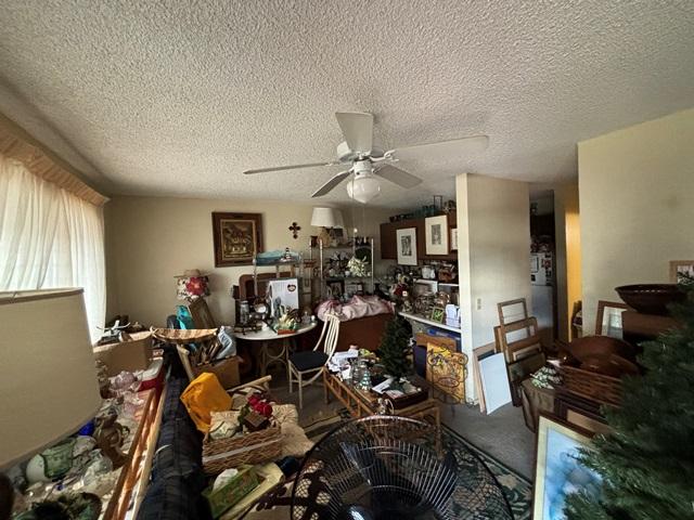 interior space with carpet floors, a textured ceiling, and a ceiling fan