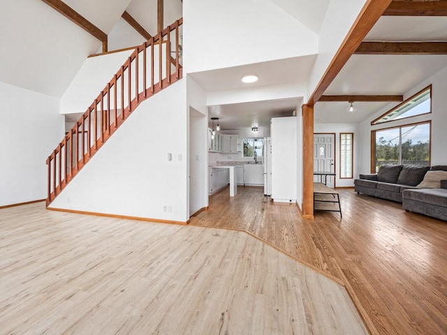 unfurnished living room featuring lofted ceiling with beams and light hardwood / wood-style flooring