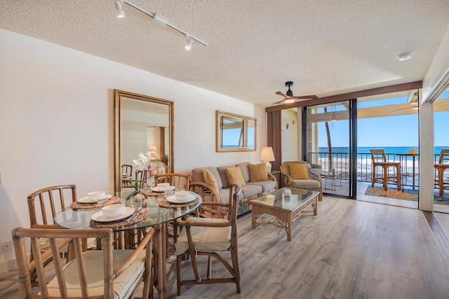 living room with ceiling fan, a healthy amount of sunlight, hardwood / wood-style floors, a textured ceiling, and a water view