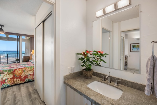 bathroom featuring expansive windows, vanity, a water view, and wood-type flooring