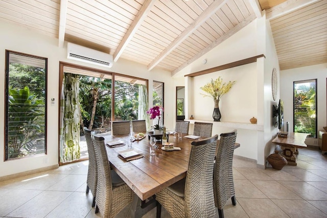 dining space with beamed ceiling, a healthy amount of sunlight, and a wall unit AC