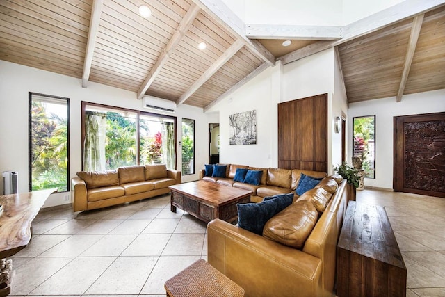 living room with beamed ceiling, high vaulted ceiling, an AC wall unit, and wooden ceiling