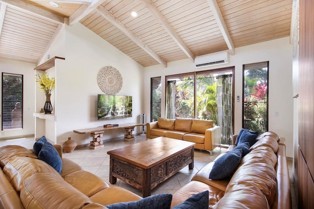 living room with high vaulted ceiling, light tile patterned floors, a wall mounted AC, beamed ceiling, and wood ceiling