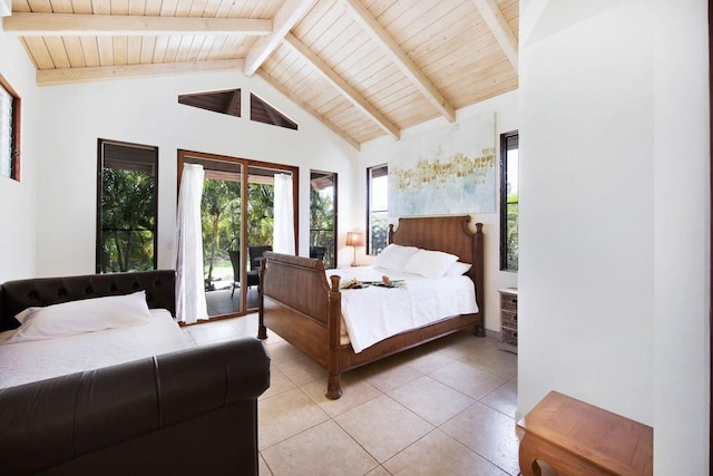 tiled bedroom with beamed ceiling, access to outside, high vaulted ceiling, and wood ceiling