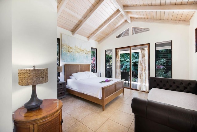 tiled bedroom with beam ceiling, wooden ceiling, and high vaulted ceiling