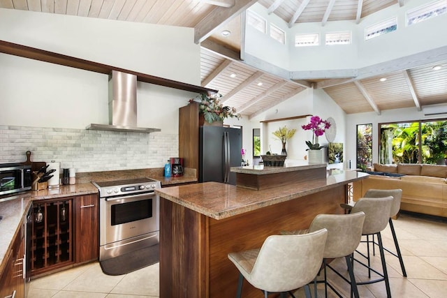 kitchen featuring wooden ceiling, wall chimney exhaust hood, beam ceiling, a kitchen bar, and stainless steel appliances