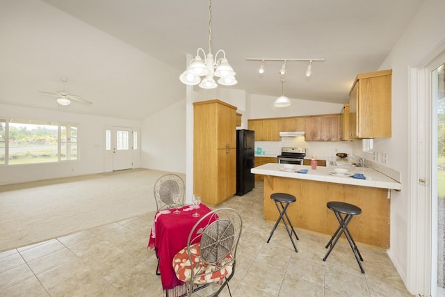 kitchen with under cabinet range hood, light colored carpet, stainless steel electric range oven, a peninsula, and freestanding refrigerator