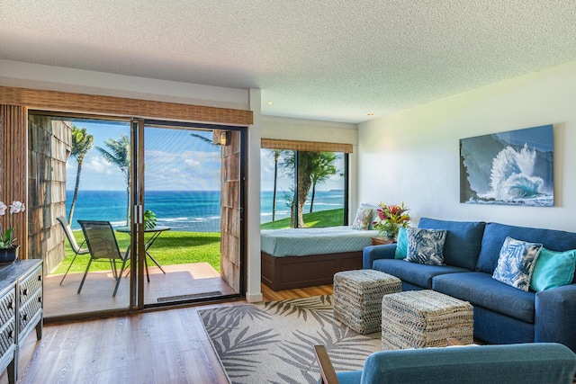 living room featuring a water view, wood-type flooring, and a textured ceiling