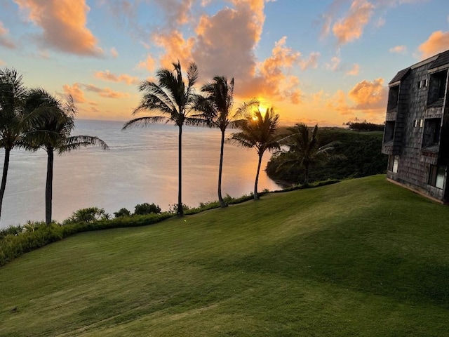 yard at dusk with a water view