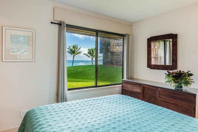 bedroom featuring a water view and a textured ceiling