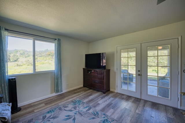 doorway with french doors, a healthy amount of sunlight, a textured ceiling, and light wood-type flooring