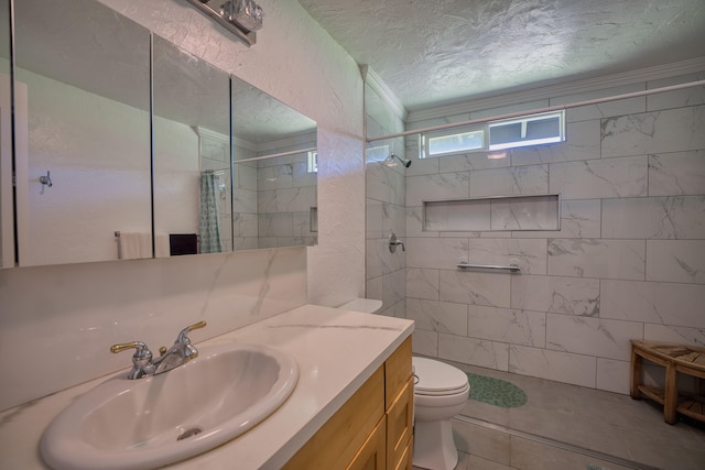 bathroom with tile patterned floors, a shower with curtain, toilet, ornamental molding, and a textured ceiling