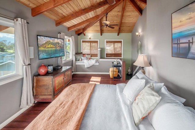 bedroom featuring vaulted ceiling with beams, dark wood-type flooring, and wood ceiling