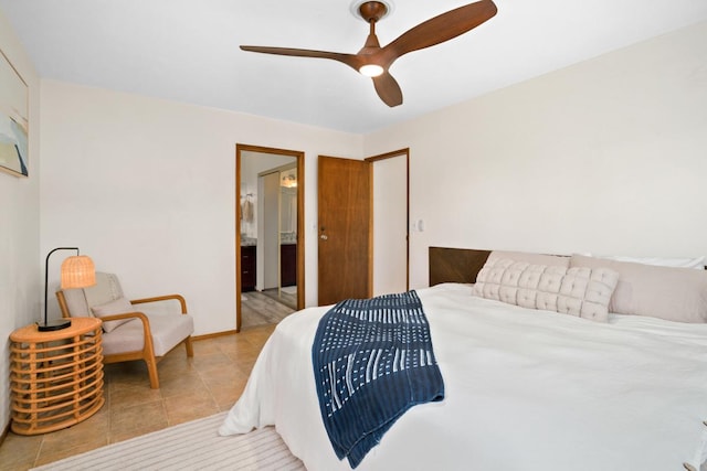 bedroom featuring ceiling fan and light tile patterned floors