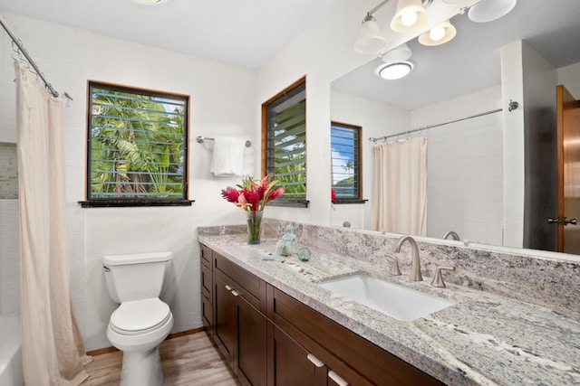 bathroom with vanity, curtained shower, toilet, and wood-type flooring