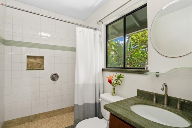 bathroom featuring vanity, a shower with shower curtain, and toilet