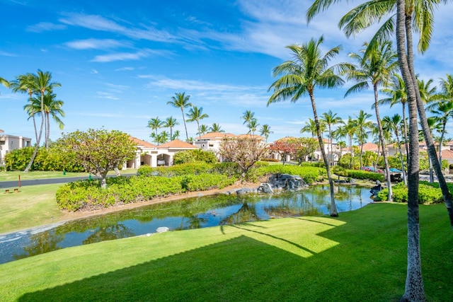 exterior space with a yard and a water view